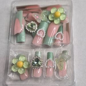 Press On Nails - Nude Base with Green French Tips and Charms